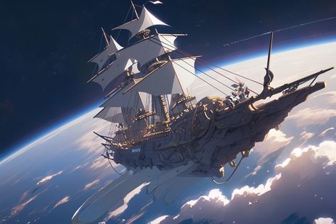 Fantasy Sky Ship, Flying Ship Fantasy Art, Fantasy Transportation, Flying Pirate Ship Concept Art, Fantasy Airship Magic, Red Ibis, Flying Boat Fantasy Art, Airship Art, Flying Ship