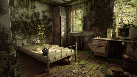 ArtStation - Post apocalyptic room, Sheli Ben Yair Dystopian Bedroom Aesthetic, Apocalyptic Bedroom, Zombie Apocalypse Room, Post Apocalyptic Room, Apocalyptic Room, Apocalypse Room, Apocalypse Design, Zombie Rpg, Apocalypse Landscape