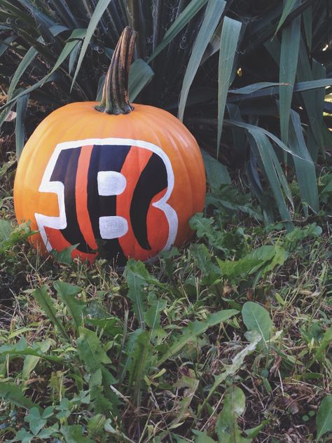 My freehand painted Cincinnati Bengals pumpkin #whodey Bengals Pumpkin Painting, Bengals Pumpkin, Making Extra Cash, Pumpkin Party, Pumpkin Halloween Decorations, Cincinnati Bengals, Painted Pumpkins, Fall Fun, Pumpkin Carving