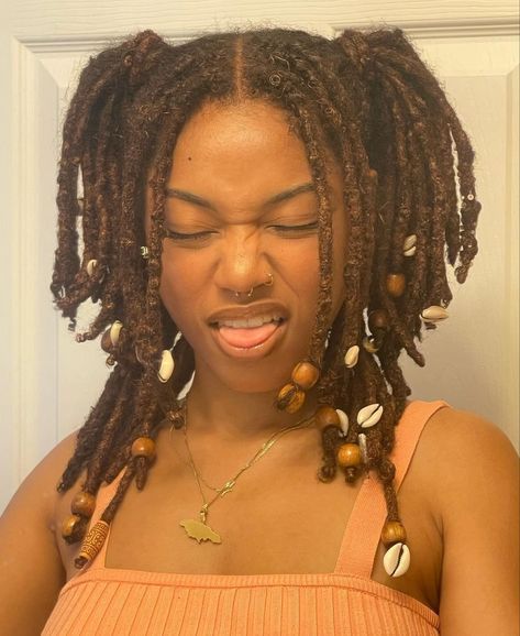 Loc Ideas For Women, 90s Hairstyles Locs, Loc Bead Styles, Loc Hairstyles With Beads, Dreadlock Ponytail Hairstyles Women, Y2k Locs, Pigtails With Locs, Locs In The 90s, Beaded Locs