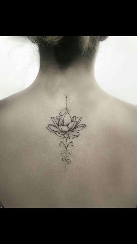 Lotus Back Of Neck Tattoo, Lotus Flower Tattoo On Neck, Lotus Flower Tattoo Back, Back Tattoo Women Upper, Simple Lotus Flower Tattoo, Feminine Back Tattoos, Flower Spine Tattoos, Tribute Tattoos, Lotus Tattoo Design