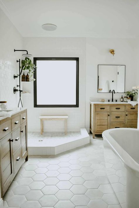 Modern Eclectic Bathroom, Neutral Bathroom, Hexagon Tile, Eclectic Bathroom, Modern Eclectic, Basement Bathroom, Tile Floors, Bathroom Renos, Bathroom Remodel Master