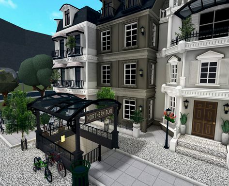 Bloxburg New York Apartment Ideas, New York Buildings Bloxburg, Blocksburg City Layout, Town Homes Bloxburg, Nyc City Bloxburg, New York Town Bloxburg, Bloxburg Nyc City Layout, Bloxburg Town Exterior, Paris Bloxburg Decal