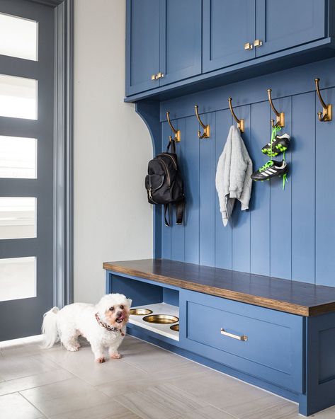 Navy And White Kitchen, Carla Aston, Built In Breakfast Nook, Dog Feeding Station, Kitchen Desks, White Kitchen Remodeling, Laundry Room Remodel, Perfect Paint Color, Feeding Station