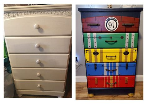 We got a dresser from a friend and after looking at luggage dressers on Pinterest decided I wanted to create a Harry Potter Themed one for our sons Nursery. Paint is all Sherwin Williams, hardware Hobby Lobby and decal was bought and printed on a Cricket. Harry Potter Changing Table, Harry Potter Dresser Ideas, Harry Potter Dresser Diy, Sherwin Williams Hardware, Harry Potter Dresser, Harry Potter Nursery Theme, Harry Potter Wall Mural, Harry Potter Furniture, Hp Nursery