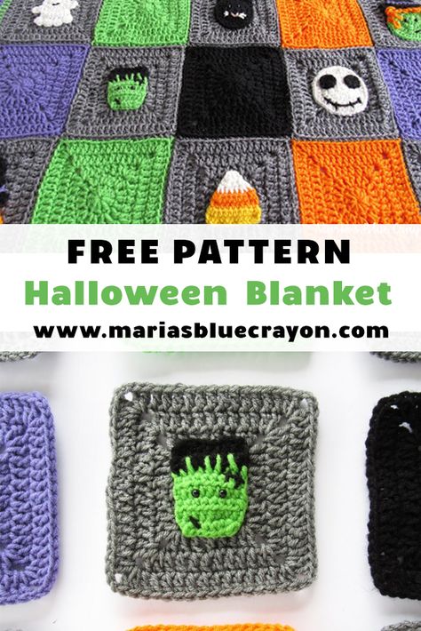 Crochet this frankenstein granny square pattern as part of the Halloween blanket! #halloween #blanket #frankenstein Frankenstein Granny Square, Halloween Crochet Squares, Halloween Granny Square Crochet, Halloween Blanket Crochet, Crochet Blanket Size Chart, Halloween Crochet Blanket, Crochet Blanket Size, Halloween Granny Square, Easy Crochet Blankets