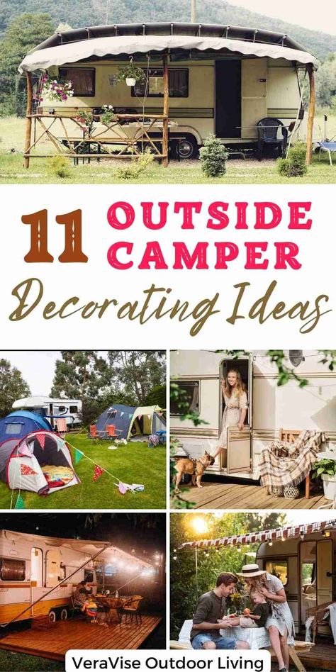 We are often so obsessed with organizing and perfecting the inside of our campers that we forget how much fun decorating the outside is too! This time we are giving the spotlight to some of the most clever and fun outside camper decorating ideas you wouldn’t want to miss. Seasonal Rv Lot Landscaping, Rv Outdoor Decorating Ideas, Camper Outdoor Decorating Ideas, Rv Outside Decorating Ideas Patio, Camper Decoration Ideas, Outside Rv Decor Ideas, Outdoor Rv Decorating, Rv Decorating Ideas Outdoors, Seasonal Camper Site Ideas