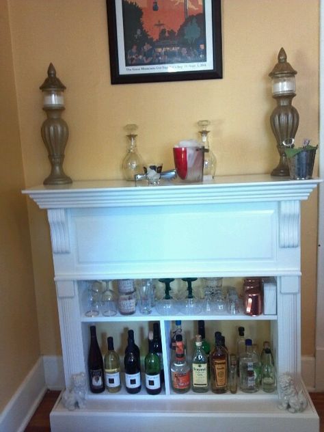 an old mantel became our new bar with my idea & scotts elbow grease from a fake fireplace to a display 4 firewater Old Fireplace Cover Ideas, Faux Fireplace Bar, Wood Fireplace Ideas, Fake Fireplace Mantel, Folk Farmhouse, Faux Fireplaces, Flipped Furniture, Victorian Fireplaces, Cozy Setup