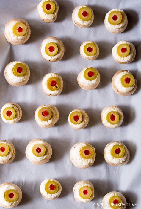 How to Make 5-ingredient Stuffed Mushroom Eyeballs for Halloween on ASpicyPerspective.com Cream Cheese Stuffed Mushrooms, Cheese Stuffed Mushrooms, A Spicy Perspective, Stuffed Mushroom, Stuffed Mushroom Caps, Three Cheese, Cheese Stuffed, Best Cheese, Snacks Für Party