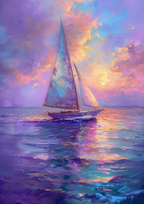 Capture the majestic beauty of a purple sunset over the ocean with this original oil painting measuring 40x30 inches. The elegant sailing boat gliding through the water adds a touch of charm to this serene scene. The bold hues of purple and gold create a striking contrast, making this painting a stunning piece of wall decor for any home. This one-of-a-kind artwork is not only visually appealing, but also serves as a perfect addition to your art collection. Its tranquil beauty invites relaxation Majestic Paintings, Purple Sunset Painting, Sunset Over Ocean, Sunset Over Water, Sunset Decor, Sunset Over The Ocean, Classic Sailboat, Pastel Colors Art, Purple Painting