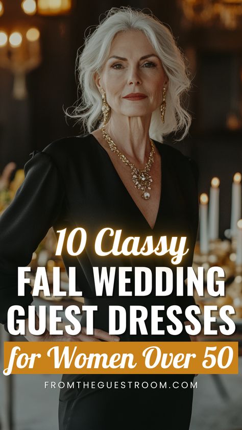 a woman over 50 wears a classy fall wedding guest dress January Wedding Guest Dress Classy, New Orleans Wedding Guest Dress, Neutral Color Wedding Guest Attire, What To Wear To Wedding Shower As Guest, Wyoming Wedding Guest Attire, Black Tie Wedding Guest Dress Fall Classy, Ranch Wedding Guest Outfit, Fall Wedding Attire For Women, Western Theme Wedding Outfit Guest