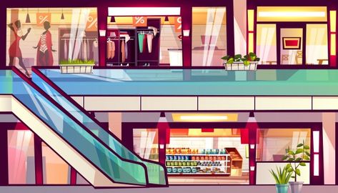 Mall with shops and cafes illustration. ... | Free Vector #Freepik #freevector #background #sale #template #building Mall Illustration, Gacha Background, Inside Shop, Store Window Displays, Store Layout, Store Interiors, Scenery Background, Shop Illustration, Shop House Plans