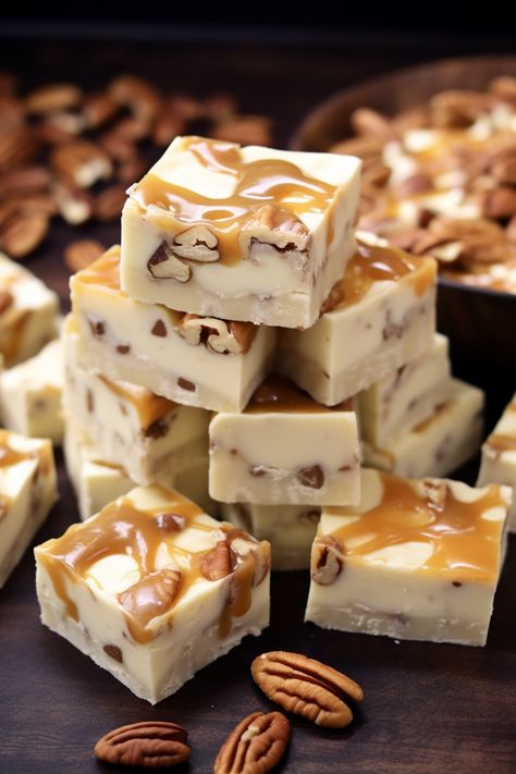 Caramel Desert Ideas, Fudge Made With Sweetened Condensed Milk, White Chocolate Recipes Desserts, Caramel Apple Fudge Recipe, Recipes With White Chocolate, White Chocolate Pecan Fudge, Pecan Praline Fudge Recipe, Caramel Coffee Fudge, White Chocolate Caramel Pecan Fudge