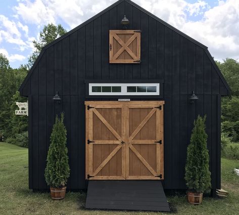 Exterior Shed Colors, Barn Landscaping Ideas, Barn Colors Scheme Exterior, Barn Shed Ideas, Barn Exterior Ideas, Barn Colors, Black Homes, Black Shed, Barn Style Shed