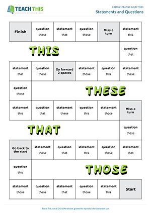 ESL This, That, These, Those Board Game - Listening and Speaking Activity - Pre-intermediate (A2) - 25 minutes In this demonstrative adjectives board game, students practice making statements and questions with this, these, that and those. Adjectives Esl, Demonstrative Adjectives, Adjectives Activities, Efl Teaching, Speaking Activity, Parts Of Speech Activities, Adjective Worksheet, Esl Games, Esl Activities