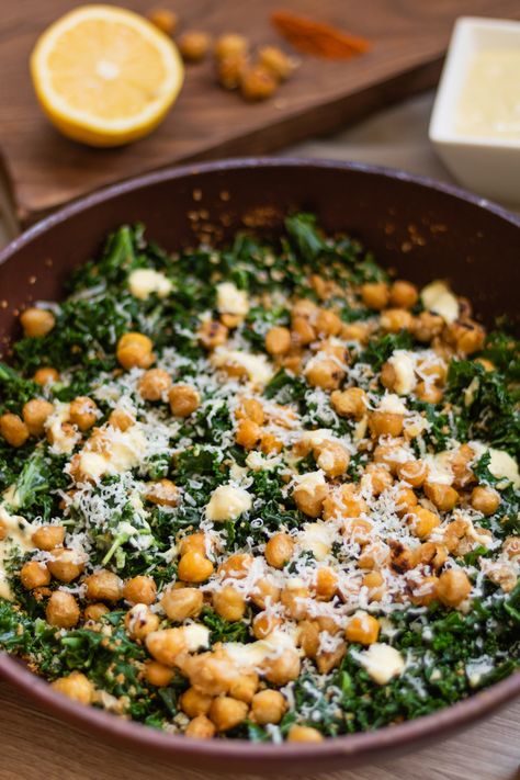 Shredded Kale Recipes, Kale Chick Pea Salad, Spicy Kale Caesar Salad, Kale Salad With Chickpeas, Crispy Chickpeas Salad, Warm Chickpea Salad, Kale Chicken Caesar Salad, Kale Pasta Caesar Salad, Crispy Kale Salad