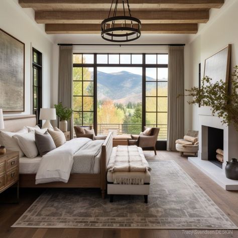 Looking for modern farmhouse bedroom ideas? Here you'll find stunning images with design tips from Interior Designer Tracy Svendsen. #modernfarmhousebedroom Decorating A Large Bedroom Master Suite, Large Farmhouse Bedroom, Large Master Bedrooms Decor Farmhouse, Mountain Modern Primary Bedroom, Modern Cabin Bedroom Master Suite, Ranch Style Master Bed, Large Bedroom Design Ideas, Modern Mountain Home Bedroom, Mountain House Master Bed