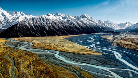 #landscape Aoraki / Mount Cook #mountains New Zealand #river #valley #720P #wallpaper #hdwallpaper #desktop Mountain Love, New Zealand Landscape, New Zealand Houses, New Zealand South Island, New Zealand Travel, Queenstown, Christchurch, Tasmania, Aerial View