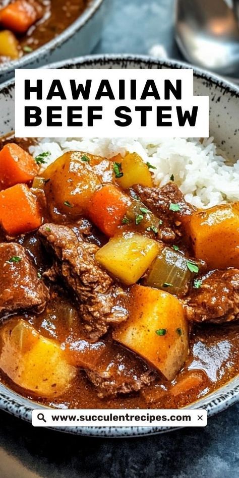 A comforting bowl of Hawaiian beef stew, made with succulent beef, carrots, and potatoes simmered in a flavorful broth, perfect for a cozy night in. Hawaiian Stew Recipe, Hawaiian Stew, Hawaiian Bbq Beef, Hawaiian Beef Stew Recipe, Luau Stew Recipe, Hawaii Beef Stew, Beef Tomato Recipe Hawaii, Beef Stew Crock, Ono Kine Recipes