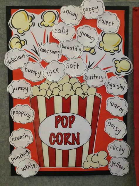 Popcorn Writing - learning about adjectives English 3d Projects, Adjectives Project Ideas, Adverb Activities, English Corner, Christmas Classroom Door, Creative School Project Ideas, English Projects, Classroom Anchor Charts, Colorful Borders Design