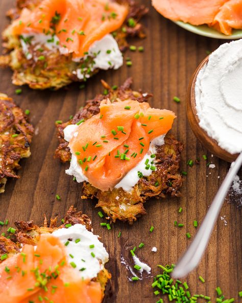 Potato Latkes with 'Sour Cream' and Smoked Salmon - Whole30 | PrimalGourmet Potato Latkes Smoked Salmon, Smoked Salmon Latkes, Alaskan Breakfast, Heal Hormones, Salmon Pancakes, Aip Sides, Primal Gourmet, Hannukah Recipes, Whole30 Breakfast