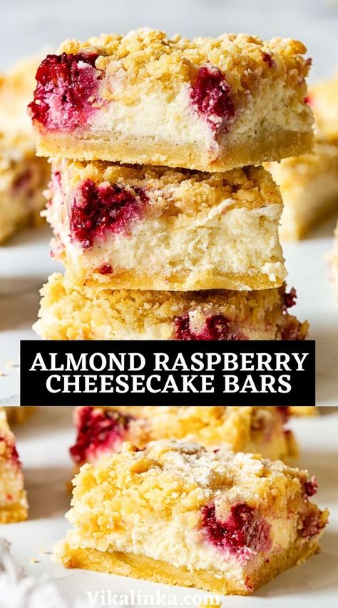 Almond Cheesecake Bars, Shortbread Cheesecake, Cheesecake Slices, Happy Hobbies, Almond Cheesecake, Traditional Cheesecake, Raspberry Cheesecake Bars, Cheesecake Bar, Sweet Bars