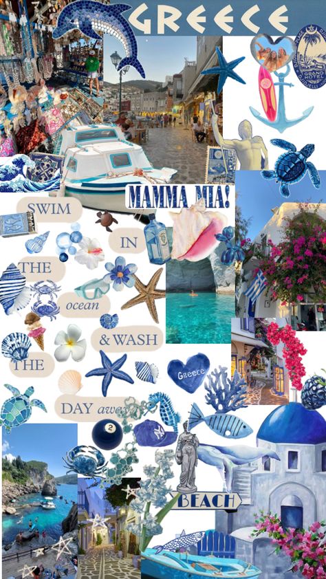 Sea restaurants pets the collor blue and pink Greece Collage, Greece Scrapbook, Stuff Aesthetic, Mama Mia, Grand Hotel, Phone Backgrounds, Mood Board, Greece, Places To Visit