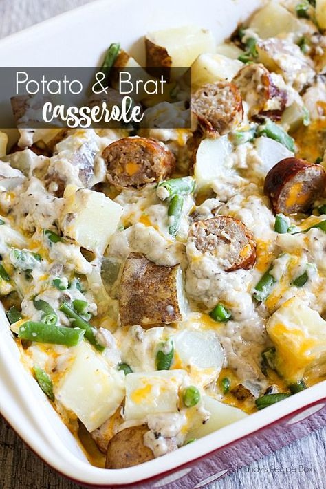 If you're looking for comfort food for the family, this Potato and Brat Casserole fits the bill. Potatoes, bratwurst and green beans make for one delicious casserole meal. Brat Casserole, Brat Recipes, Bratwurst Dinner, Casserole Meal, Brats Recipes, Bratwurst Recipes, Yummy Casseroles, Leftovers Recipes, Easy Casserole Recipes