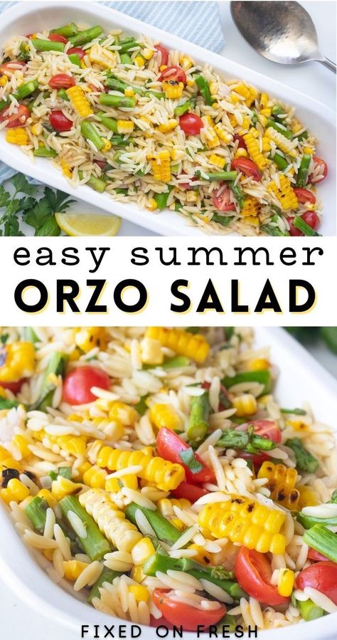 Cold Summer Salads Orzo, Summer Vegetarian Salad Recipes, Salad Orzo Recipes, Salad Entree Recipes Dinners, Corn And Asparagus Salad, Lemon Orzo Salad With Asparagus, Orzo Recipes Healthy Summer Salads, Orzo Lemon Salad, Asparagus Corn Salad