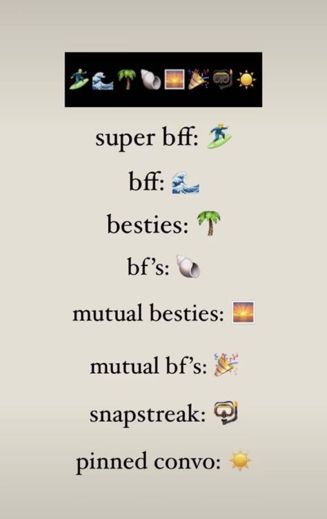 Summer Snapchat Friend Emojis, Bit Emoji Outfits Snapchat, Snapchat Friend Emojis Ideas Summer, Snap Friend Emoji Ideas, Snapchat Best Friends List Emojis, Snap Emoji Ideas, Best Friend Emojis Snapchat Aesthetic, Insta Emojis, Bsf Emojis