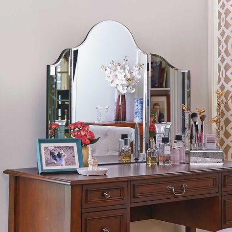 Turn any table into a stylish and contemporary dressing table with this lovely tri-fold mirror. Can be hung on the wall via attached d-rings and its plastic feet prevent it from scratching your bedroom furniture. Tri Fold Mirror, Contemporary Dressing Tables, Mermaid Cave, Dream Bedroom Inspiration, Trifold Mirror, Dressing Table Mirror, Home Design Living Room, Bedroom Mirror, Outdoor Tools