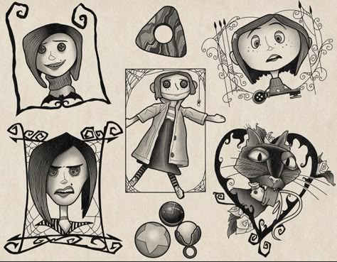 Other Mother Coraline Tattoo, Coraline Art Drawings, Wybie Tattoo, Coraline Drawing Sketch, Coraline Doodles, Caroline Tattoo, Coraline Flash Tattoo, Coraline Tattoo Ideas, Cool Nature Tattoos