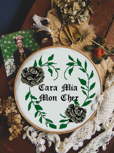 Mon Cher Tattoo, Mon Cher Cara Mia Tattoo, Morticia Addams Cross Stitch, Addams Family Embroidery, Cara Mia Mon Cher Tattoo, Addams Family Cross Stitch, Couples Cross Stitch, Halloween Romantic, Goth Cross Stitch