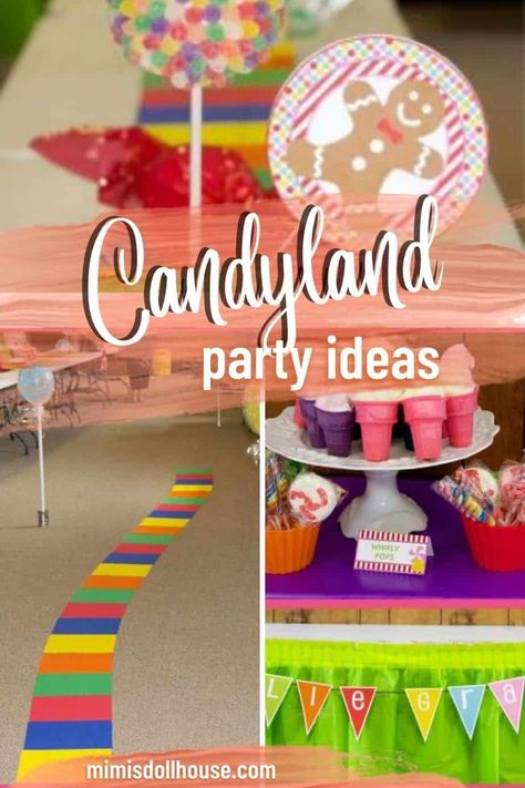 Candyland Party: Ellie and Amelia's Sweet Event. Through gumdrop trees and over chocolate rivers...it's a candy land party Be sure to check out all our Candyland Party Ideas. #candyland #candy #party #partyideas #parties #birthday Candyland Carnival Games, Candyland Treat Table, Candyland Party Activities, Candy Land Party Games, Candyland Party Theme Decor, Candy Land Games, Candyland Party Food Ideas, Candyland Theme Party Decorations Diy, Candyland Birthday Decorations