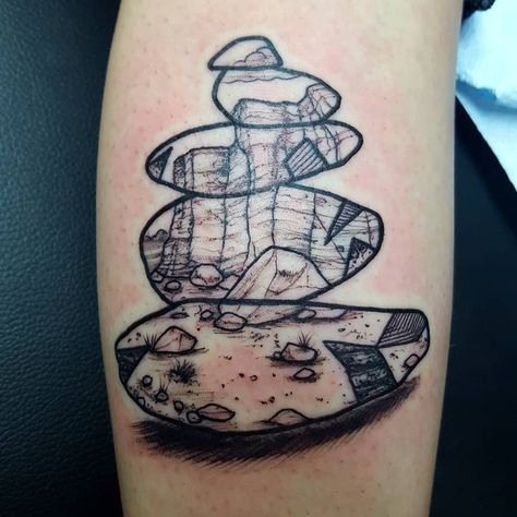 Miles Larsen on Instagram: “A desert scene set in this cairn to remind her of home. Fun stuff today #tattoosbymiles #buddhaboxstudios #sanantoniotattoos #rocks #utah…” Rock Cairn Tattoo, Rock Tattoo Nature, Cairn Tattoo, Rocks Tattoo, Desert Tattoo, David Tattoo, Tat Inspiration, Rock Cairn, Hunting Tattoos