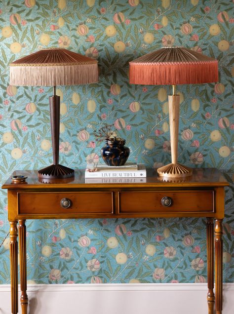 Patterned Lampshades, Morris Wallpapers, Silk Lampshade, Tiffany Lamp, Standard Lamps, Tiffany Lamps, Panel Headboard, Handmade Fabric, Light Oak