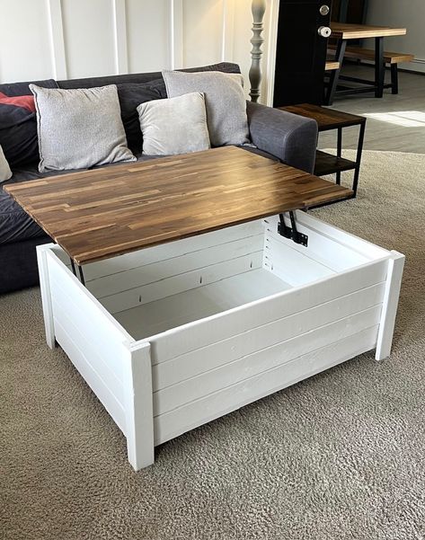 Diy Coffee Table With Lift Top, Diy Coffee Table Lift Top, Diy Square Coffee Table With Storage, Diy Coffee Table Storage, Coffee Table Storage Ideas, Storage Coffee Table Diy, Farmhouse Toy Box, Diy Lift Top Coffee Table, Diy Coffee Table With Storage