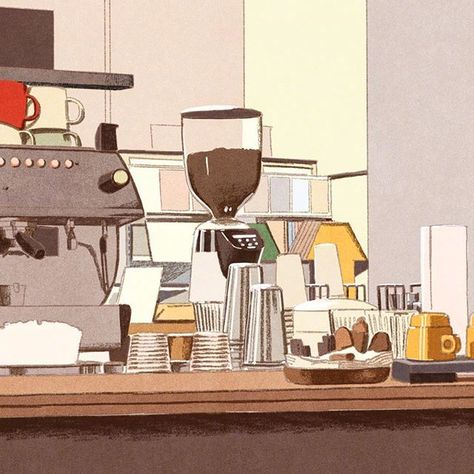 Coffee Shop Drawing Aesthetic, Cafe Illustration Aesthetic, Cafe Art Aesthetic, Cafe Inside Drawing, Coffee Bar Illustration, Cafe Illust, Counter Drawing, Japanese Coffee Shop, Coffee Shop Counter