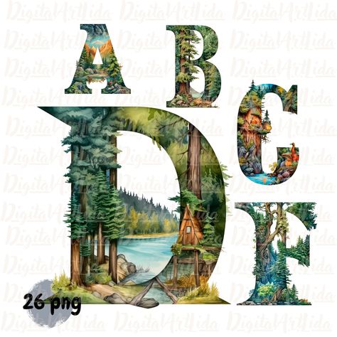 Camping Sublimation, Woodland Alphabet, Clipart Letters, Letter Png, Svg Fonts, Family Png, Western Sublimation, Watercolor Green, Flower Alphabet