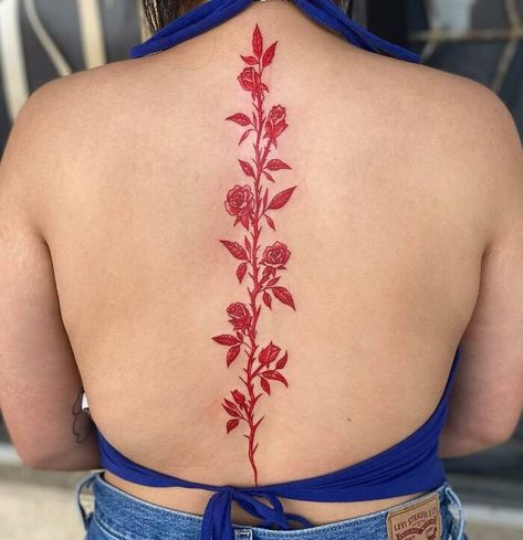 Rose Tattoo On Back, Back Tattoo Women Spine, Red Tattoo Ideas, Love Symbol Tattoos, Flower Spine Tattoos, Spine Tattoo Ideas, Tattoos To Cover Scars, Bauch Tattoos, Tattoos Infinity