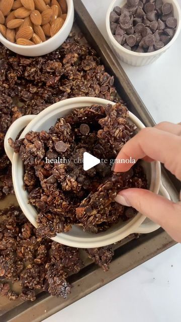 Caitlin Buckler on Instagram: "This healthy chocolate granola is bursting with almonds , pecans, and chocolate chips for a delicious crunchy snacks! 🫶🏼

Comment “ RECIPE PLEASE” to get the recipe to your DMS! 🍫🍫🍫" Healthy Chocolate Granola, Crunchy Snacks, Chocolate Granola, Crunchy Snack, Healthy Chocolate, Pecans, Chocolate Chips, The Recipe, Granola