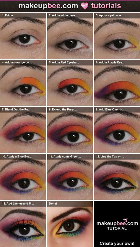 sugarpill makeup tutorial | love this Sugarpill Rainbow Eye Shadow because it has a great mix Eyeshadow Hooded Eyes, Pride Eyeshadow, Makeup Ideas Step By Step, Step By Step Eyeliner, Oscars Makeup, Rainbow Eye Makeup, Natural Eye Makeup Tutorial, Rainbow Eyeshadow, Rainbow Eyes