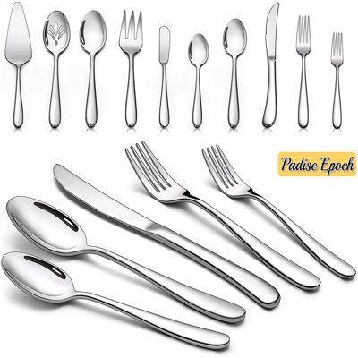 Silverware set for 8, come with 40 piece cutlery set plus 5 hostess serving pieces, includes 8 dinner knife, 8 dinner fork, 8 dinner spoon, 8 salad fork, 8 tea spoon, serving spoon, slotted serving spoon, meat fork, pie server and butter knife | Padise Epoch 45 Piece Flatware Set, Service for 8 Stainless Steel in Gray | Wayfair Spoon Mirror, Eating Utensils, Stainless Steel Cutlery, Elegant Sets, Stainless Steel Flatware, Serving Utensils, Serving Spoons, Flatware Set, Cutlery Set