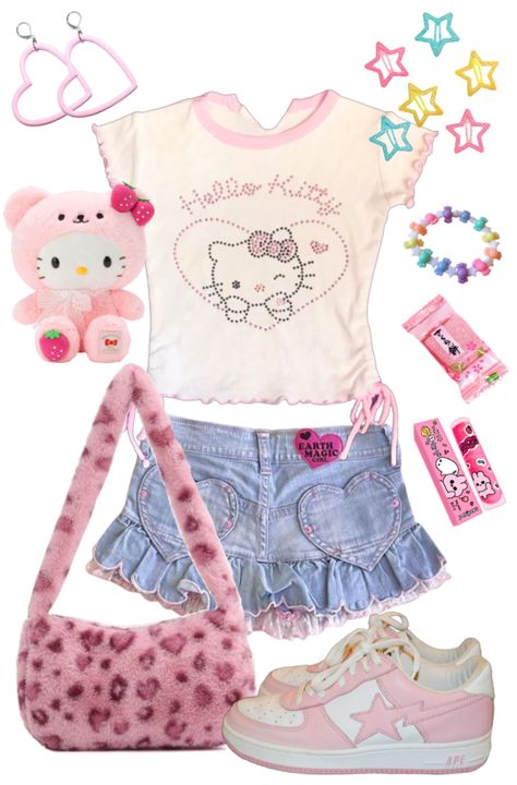 Kawaii Outfits For Summer, Y2k Sanrio Outfits, Hello Kitty Outfit Y2k, Shein Kawaii Outfits, Kawaiicore Outfit Ideas, Kawaii Outfits Summer, Summer Kawaii Outfits, Crybabycore Outfits, Cutecore Outfit Ideas