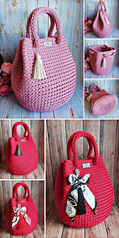 Crochet Dew Drop Bag Pattern, Macrame Yarn Crochet Bag, Crochet Purse Using Macrame Cord, Dew Drop Bag Crochet Pattern, Dew Drop Crochet Bag Free Pattern, Crochet Sturdy Bag, Crocheted Bucket Bag, Crochet Bucket Purse, Crochet Cord Bag Free Pattern