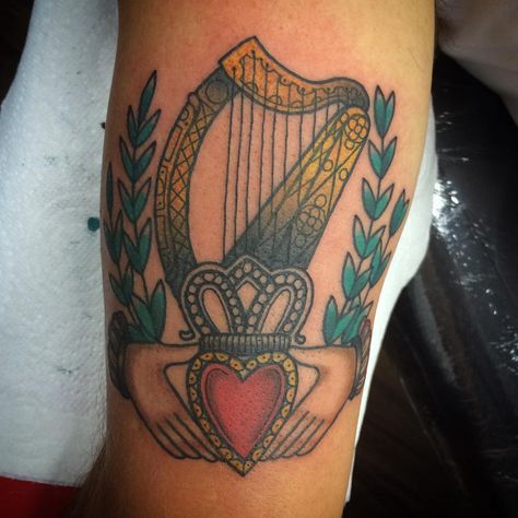 Claddagh and Irish Harp Tattoo | Tattoo Ideas and Inspiration Irish Harp Tattoos For Women, Irish Harp Tattoo, Irish Claddagh Tattoo, Harp Tattoo, Claddagh Tattoo, Man Tattoo, Irish Harp, Irish Tattoos, Baby Tattoos