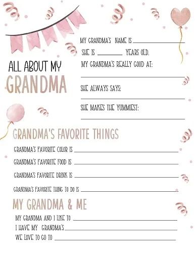 All About My Grandma Printable PDF – Cenzerely Yours All About My Grandma Free Printable, Craft For Grandma, All About Grandma, All About My Grandma, Grandma Printable, Biblical Girl Names, Grandparents Day Activities, Good Presents For Mom, Mom Gift Guide