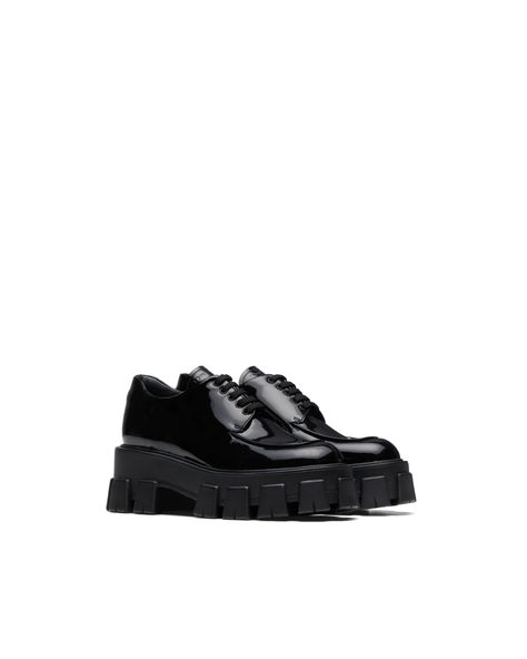 Prada Monolith, Dr Shoes, Dress Shoes Womens, Prada Shoes, Shoes Women, Loafers For Women, Lace Up Shoes, Leather And Lace, All Black Sneakers