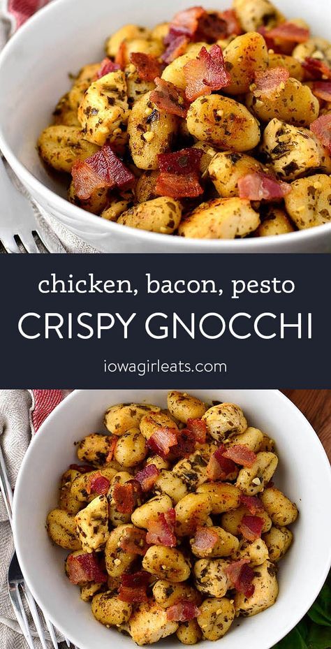 Crispy Chicken, Bacon and Pesto Gnocchi Skillet - Iowa Girl Eats 5 Ingredient Dinner Recipes, Pesto Gnocchi Recipes Chicken, Simple Gluten Free Dinner Recipes, Dairy Free Gnocchi Recipes, Dinner Ideas Gluten Free, Recipes Gluten Free Dinner, Dinner Recipes Gluten Free, Gluten Free Dinners, Recipes Chicken Breast