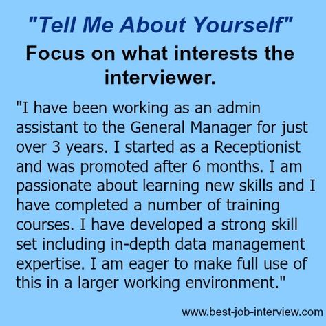 What qualities make you a great fit for this position?. Web structuring your answer around this simple formula can help you answer clearly and in enough detail:. Web “tell me about yourself” might seem like an easy win of an interview question—after all, you know all about yourself!. Web plan your answer with strategy before you can decide how to structure a tell me about yourself answer, you should review the job description for the vacancy you're applying for.You can look new details of H... Job Interview Prep, Tough Interview Questions, Tell Me About Yourself, Job Interview Answers, Interview Help, Job Interview Preparation, Job Interview Advice, Interview Answers, Interview Advice